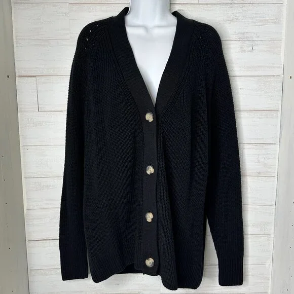 NWT Gap Womens 100% Cotton Tortoise Button Oversized Black Cardigan Size Large - Picture 2 of 11